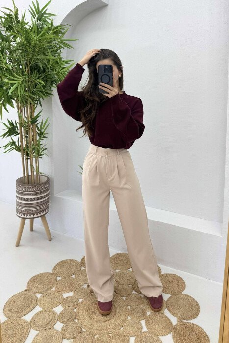 ONE COLOR SIMPLE WOMEN TROUSERS CREAM/KREM - KLAUDIO FASHION