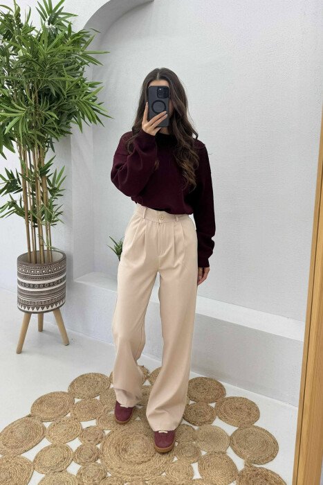 ONE COLOR SIMPLE WOMEN TROUSERS CREAM/KREM - 2