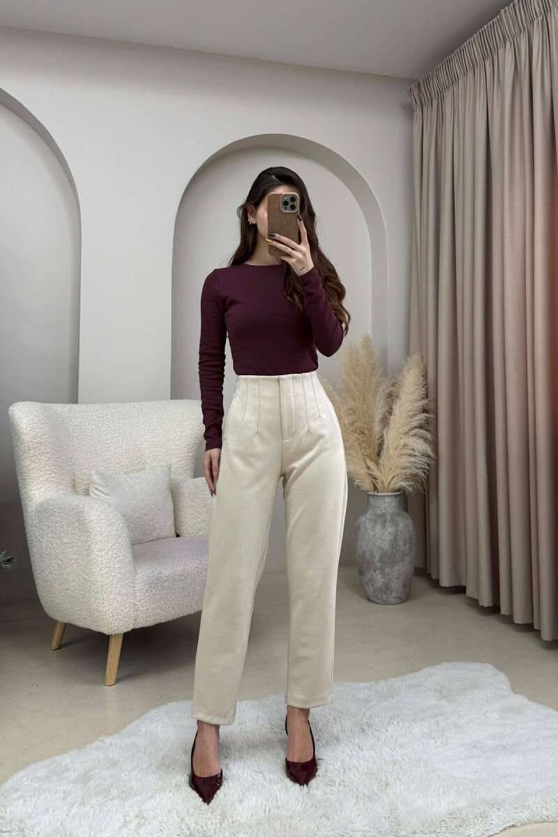 ONE COLOR SIMPLE WOMEN TROUSERS CREAM/KREM - 2