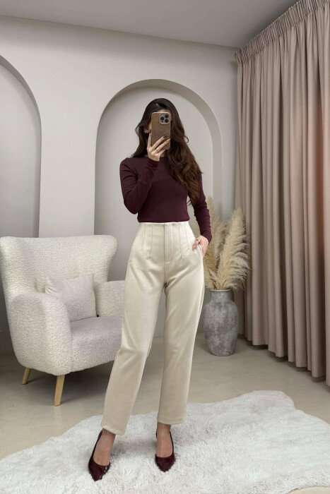 ONE COLOR SIMPLE WOMEN TROUSERS CREAM/KREM - 4