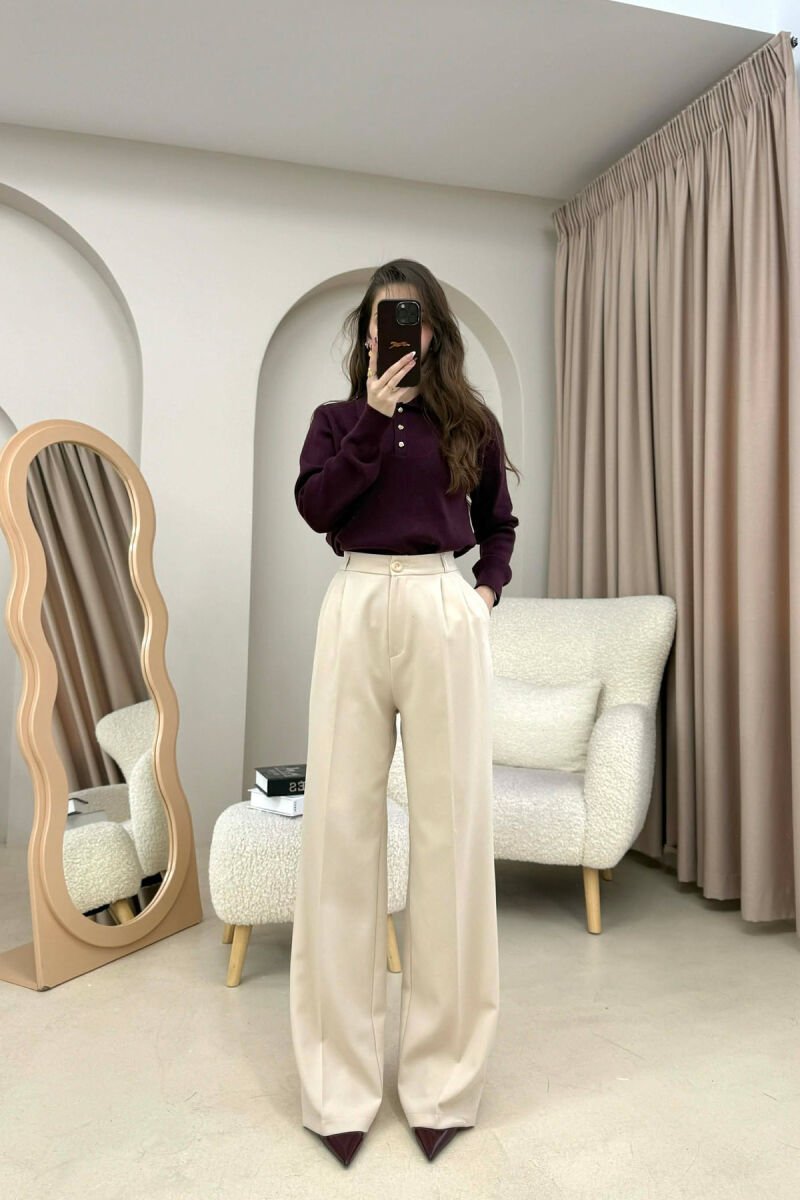 ONE COLOR SIMPLE WOMEN TROUSERS CREAM/KREM - 1