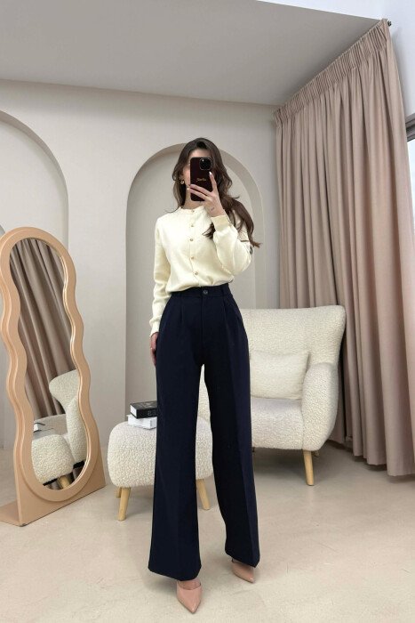 ONE COLOR SIMPLE WOMEN TROUSERS DARK BLUE/BEE - KLAUDIO FASHION