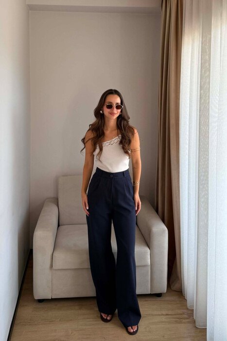 ONE COLOR SIMPLE WOMEN TROUSERS DARK BLUE/BEE 