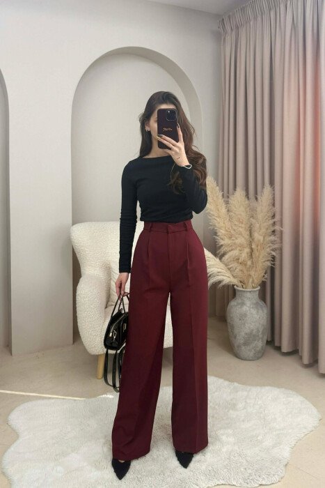 ONE COLOR SIMPLE WOMEN TROUSERS DARK BURGUNDY/VISHNJE E ERRET - 2