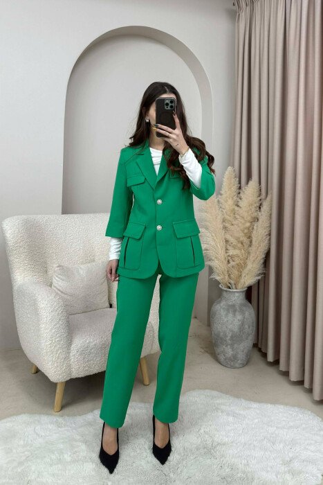 ONE COLOR SIMPLE JACKET+ TROUSERS WOMEN SET GREEN/JESHILE - KLAUDIO FASHION