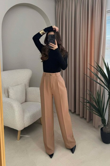 ONE COLOR SIMPLE WOMEN TROUSERS LIGHT BROWN/KAZB - KLAUDIO FASHION