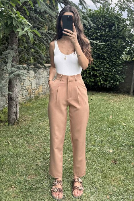 ONE COLOR SIMPLE WOMEN TROUSERS LIGHT BROWN/KAZB - 5