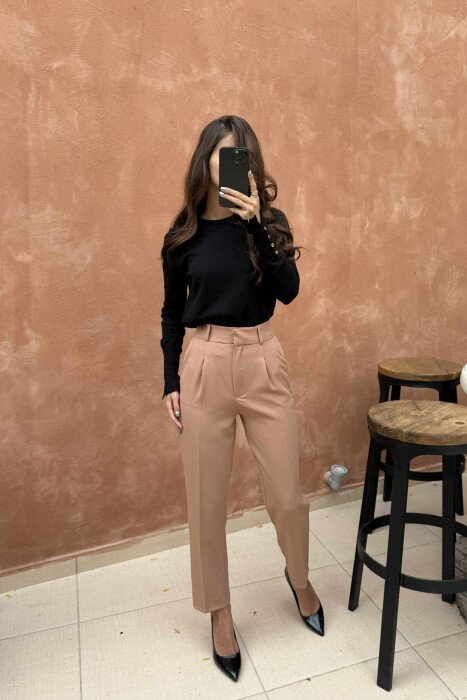 ONE COLOR SIMPLE WOMEN TROUSERS LIGHT BROWN/KAZB - 2