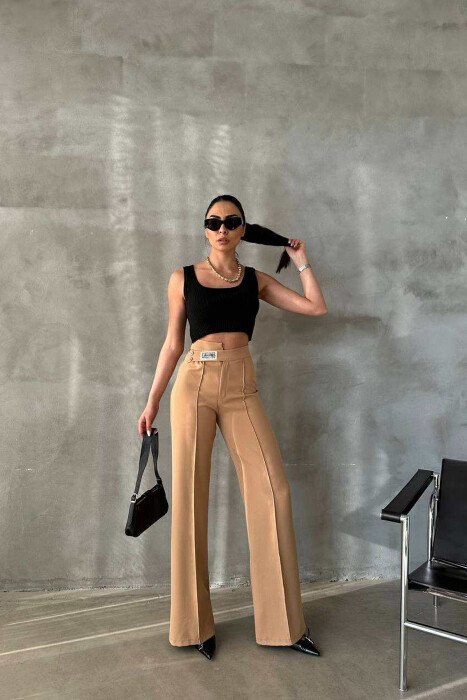 ONE COLOR SIMPLE WOMEN TROUSERS LIGHT BROWN/KAZB - 2