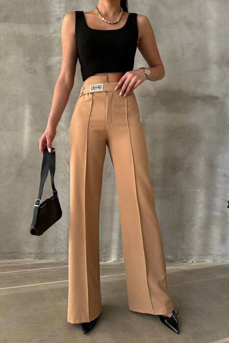 ONE COLOR SIMPLE WOMEN TROUSERS LIGHT BROWN/KAZB - 1