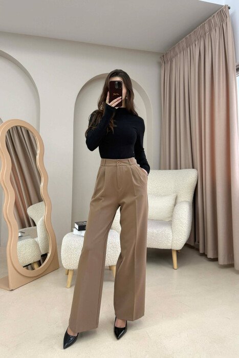 ONE COLOR SIMPLE WOMEN TROUSERS LIGHT BROWN/KAZB - 1