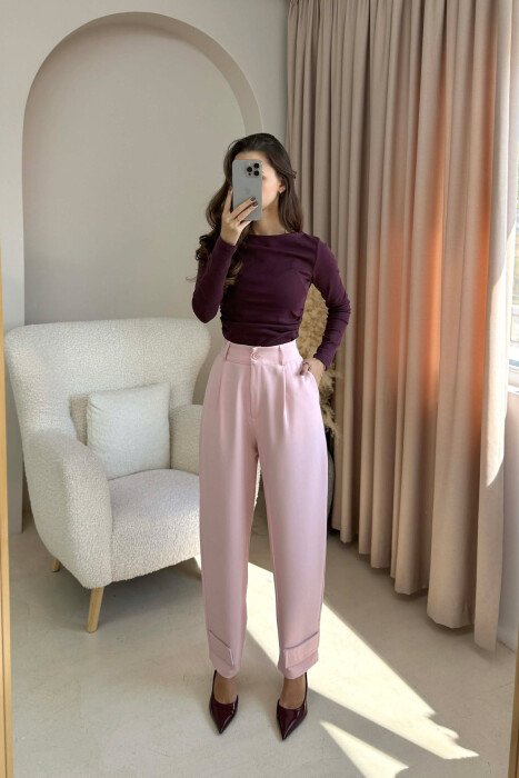 ONE COLOR SIMPLE WOMEN TROUSERS PINK/ROZE - 3