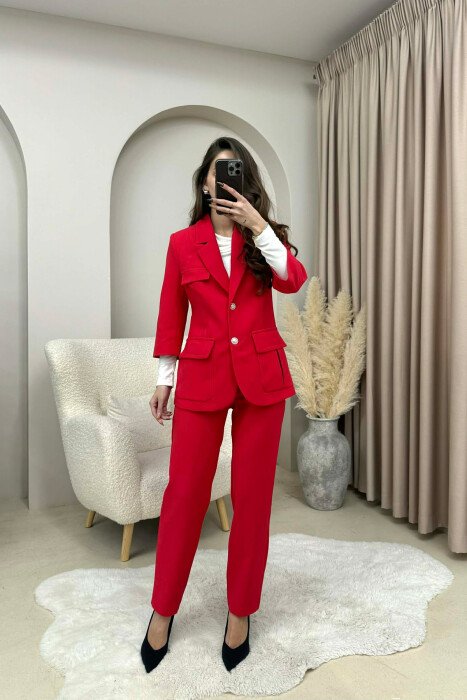 SET NJE NGJYRESH XHAKETE ME KOPSA+PANTALLONA PER FEMRA NE NGJYRE TE KUQE - KLAUDIO FASHION