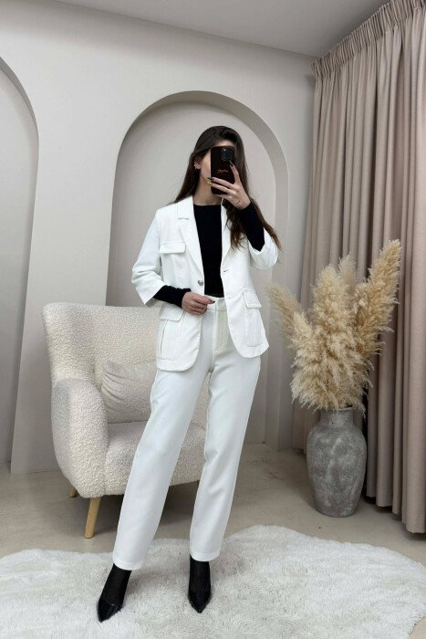 ONE COLOR SIMPLE JACKET+ TROUSERS WOMEN SET WHITE-E BARDHE - KLAUDIO FASHION