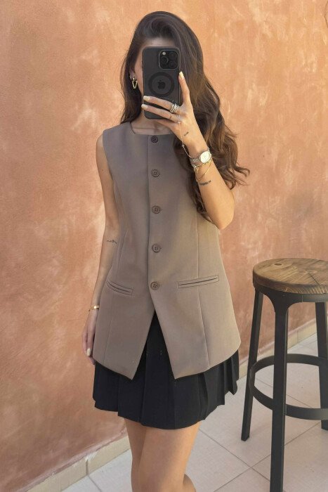 ONE COLOR SIMPLE WOMEN VEST LIGHT BROWN/KAZB - 2