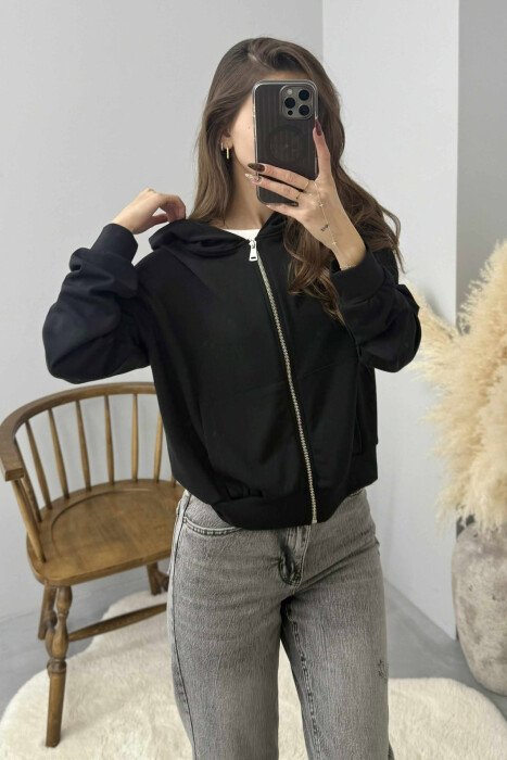 ONE COLOR SIMPLE ZIPPER HOODED WOMEN JACKET BLACK/ E ZEZE - 3