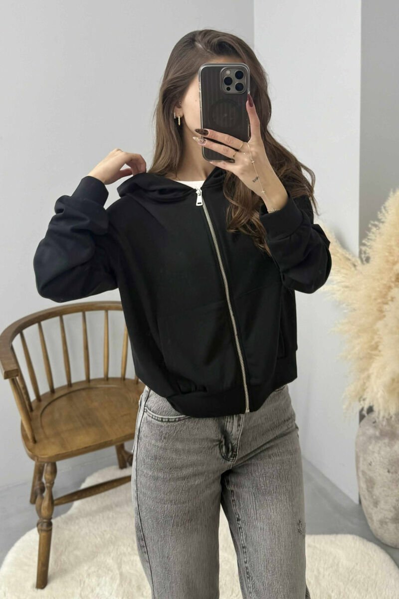 ONE COLOR SIMPLE ZIPPER HOODED WOMEN JACKET BLACK/ E ZEZE - 3
