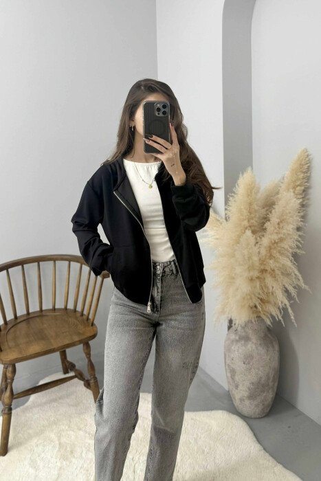 ONE COLOR SIMPLE ZIPPER HOODED WOMEN JACKET BLACK/ E ZEZE - 4
