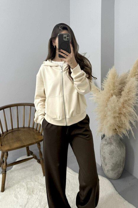 ONE COLOR SIMPLE ZIPPER HOODED WOMEN JACKET CREAM/KREM - KLAUDIO FASHION