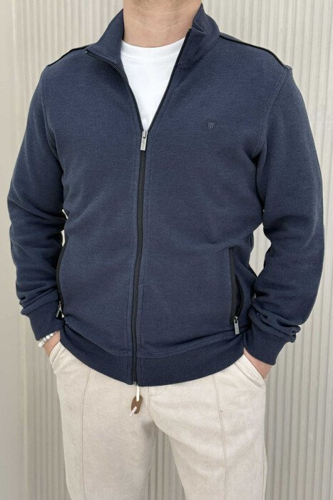 ONE COLOR SIMPLE ZIPPER MEN JACKET DARK BLUE/BEE - 1