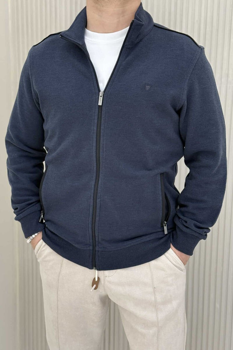 ONE COLOR SIMPLE ZIPPER MEN JACKET DARK BLUE/BEE - 1