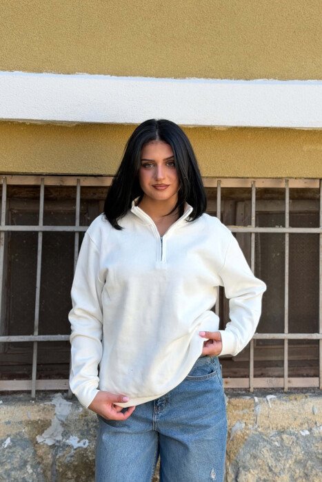 ONE COLOR SIMPLE ZIPPER NECK WOMAN SWEATSHIRT WHITE-E BARDHE - KLAUDIO FASHION