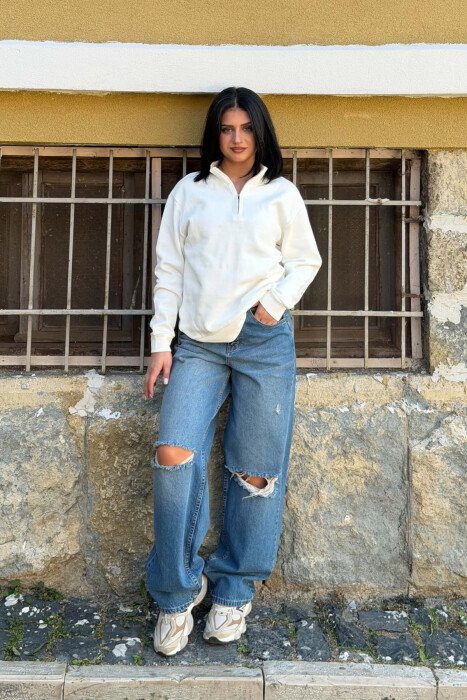 ONE COLOR SIMPLE ZIPPER NECK WOMAN SWEATSHIRT WHITE-E BARDHE - 5