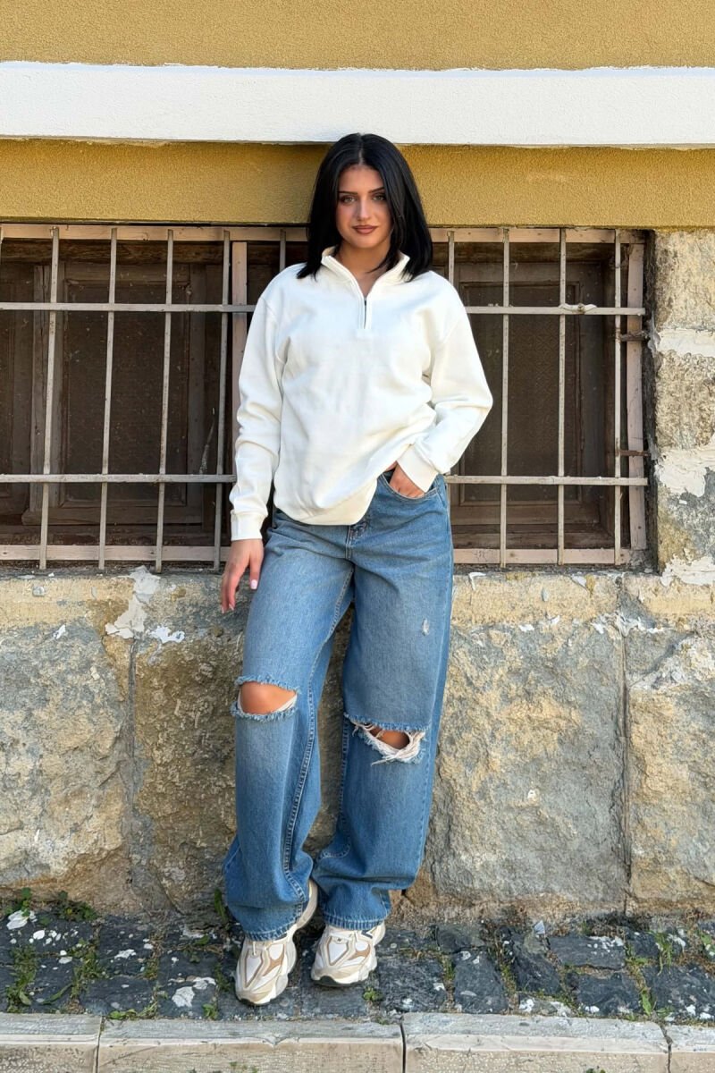 ONE COLOR SIMPLE ZIPPER NECK WOMAN SWEATSHIRT WHITE-E BARDHE - 5