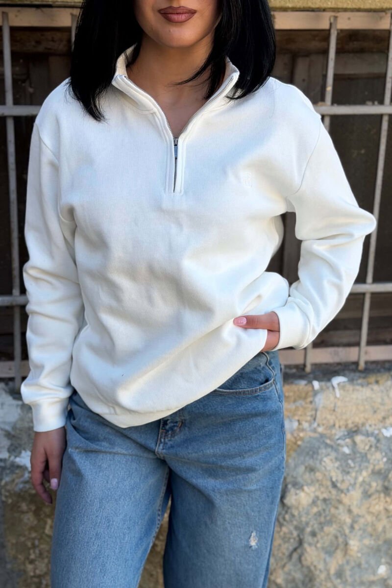 ONE COLOR SIMPLE ZIPPER NECK WOMAN SWEATSHIRT WHITE-E BARDHE - 6