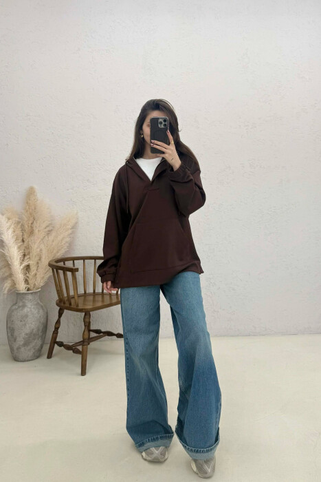 ONE COLOR SIMPLE ZIPPER NECK WOMEN HOODIE BROWN/KAFE - KLAUDIO FASHION