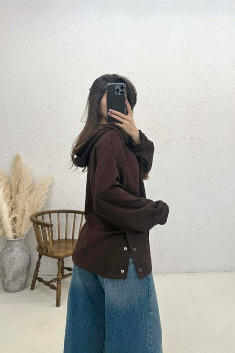 ONE COLOR SIMPLE ZIPPER NECK WOMEN HOODIE BROWN/KAFE - 2