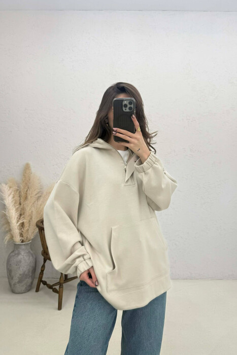 ONE COLOR SIMPLE ZIPPER NECK WOMEN HOODIE CREAM/KREM - KLAUDIO FASHION