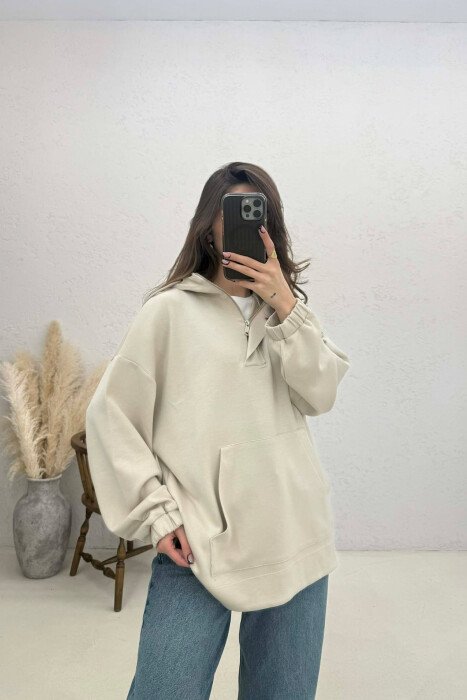 ONE COLOR SIMPLE ZIPPER NECK WOMEN HOODIE CREAM/KREM - 1
