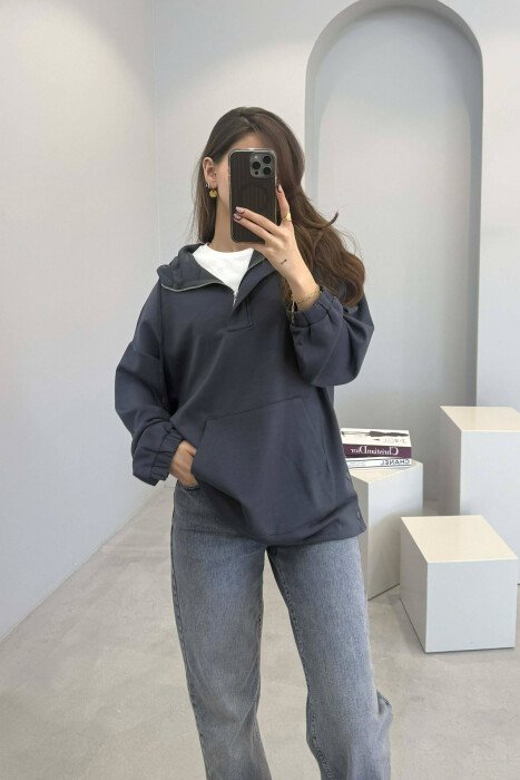 ONE COLOR SIMPLE ZIPPER NECK WOMEN HOODIE DARK GREY/GEE - 2