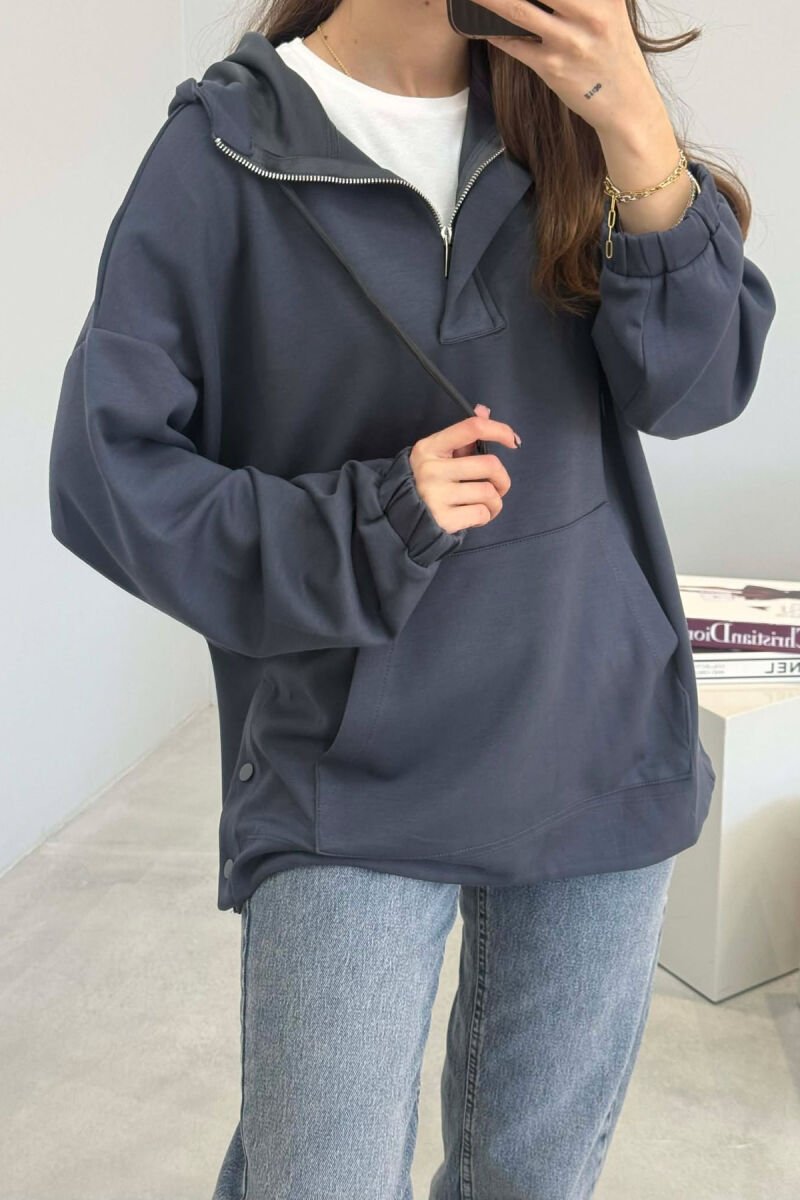 ONE COLOR SIMPLE ZIPPER NECK WOMEN HOODIE DARK GREY/GEE - 4