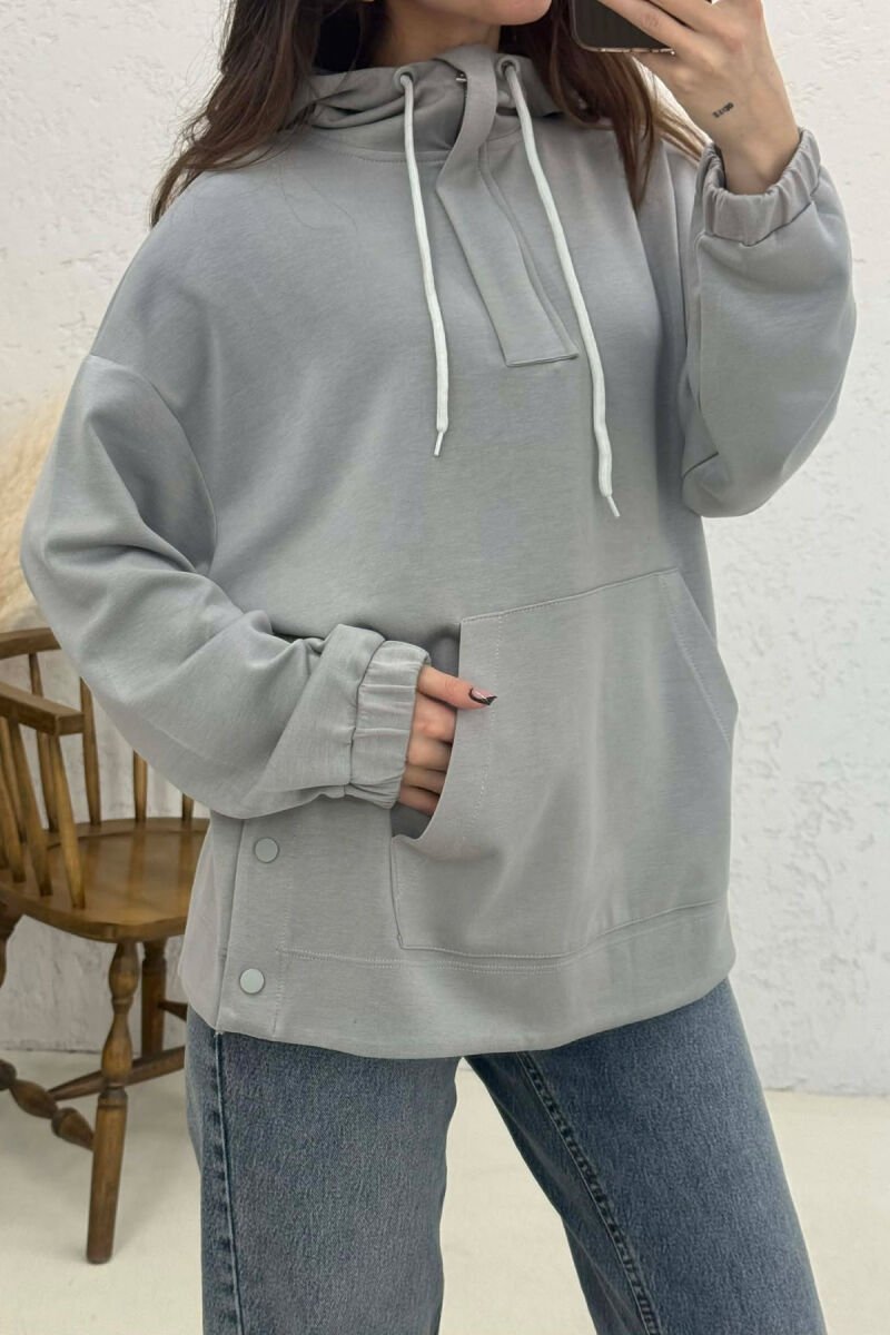ONE COLOR SIMPLE ZIPPER NECK WOMEN HOODIE GREY/GRI - 4
