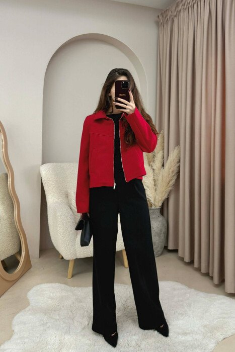 ONE COLOR SIMPLE ZIPPER WOMEN JACKET RED/E KUQE - 1