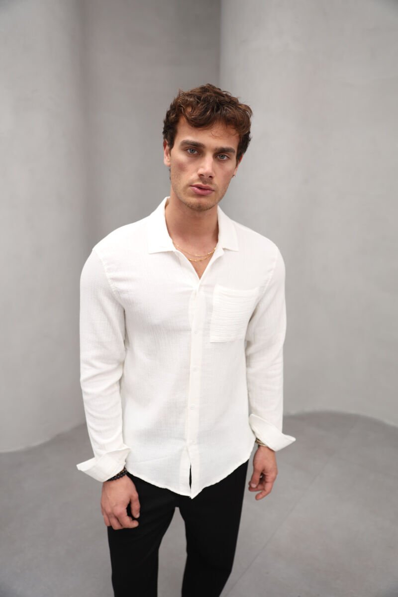 ONE COLOR SINGLE POCKET MEN SHIRT CREAM/KREM - 4
