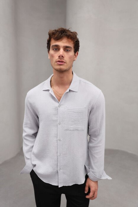 ONE COLOR SINGLE POCKET MEN SHIRT GREY/GRI - KLAUDIO FASHION