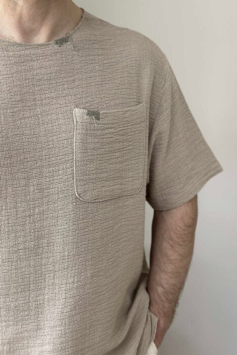 ONE COLOR SINGLE POCKET MEN T-SHIRT BEIGE/BEZHE - 3