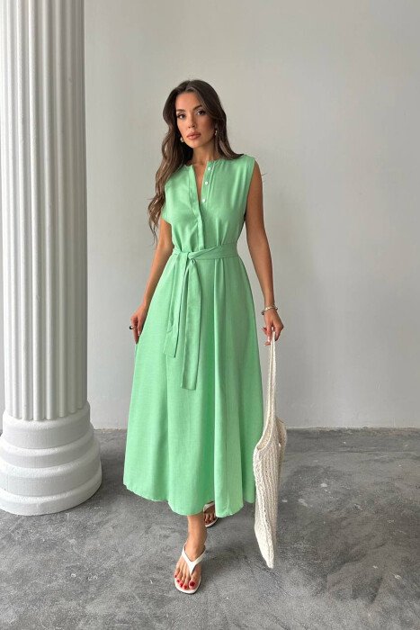 ONE COLOR SLEEVELESS BELT DETAIL WOMAN DRESS MINT/MENTE - KLAUDIO FASHION