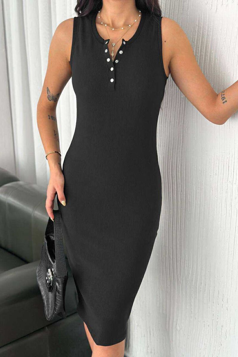 ONE COLOR SLEEVELESS BUTTONED NECK WOMEN DRESS BLACK/ E ZEZE - 4