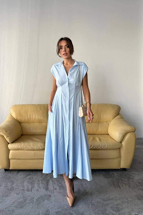 ONE COLOR SLEEVELESS BUTTONED WOMAN DRESS BABY BLUE/BLU BY - KLAUDIO FASHION