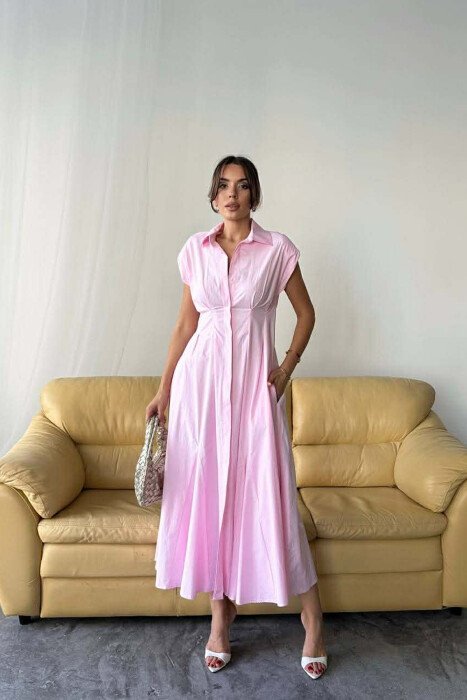 ONE COLOR SLEEVELESS BUTTONED WOMAN DRESS BABY PINK/ROZB - KLAUDIO FASHION