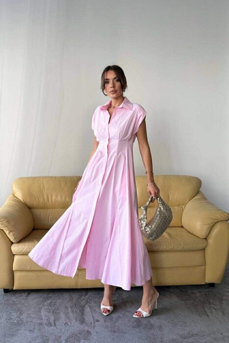 ONE COLOR SLEEVELESS BUTTONED WOMAN DRESS BABY PINK/ROZB - 4