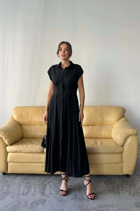 ONE COLOR SLEEVELESS BUTTONED WOMAN DRESS BLACK/ E ZEZE - KLAUDIO FASHION