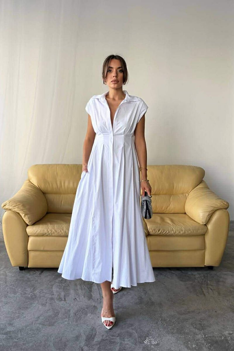 ONE COLOR SLEEVELESS BUTTONED WOMAN DRESS WHITE-E BARDHE - 1