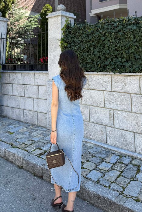ONE COLOR SLEEVELESS DENIM WOMAN DRESS LIGHTBLUE/BZ - 5