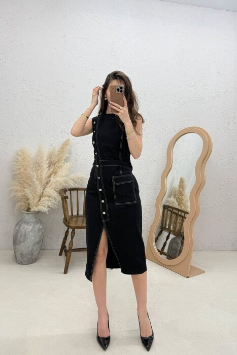 ONE COLOR SLEEVELESS DENIM WOMEN DRESS BLACK/ E ZEZE - KLAUDIO FASHION