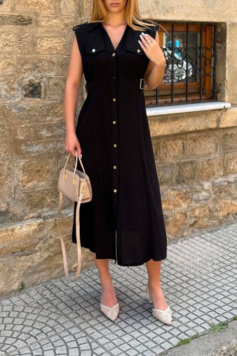 ONE COLOR SLEEVELESS GOLD BUTTONS WOMAN DRESS BLACK/ E ZEZE - 2